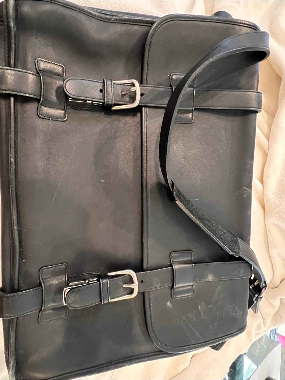 Coach Black Leather Buckled Messenger Briefcase